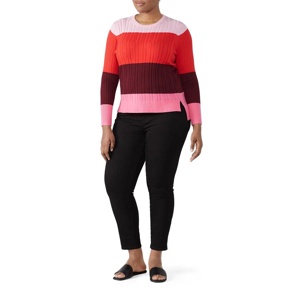 Tome NYC 18 (1x) red Pink Colorblock Wool Blend Knit Crewneck Pullover Sweater